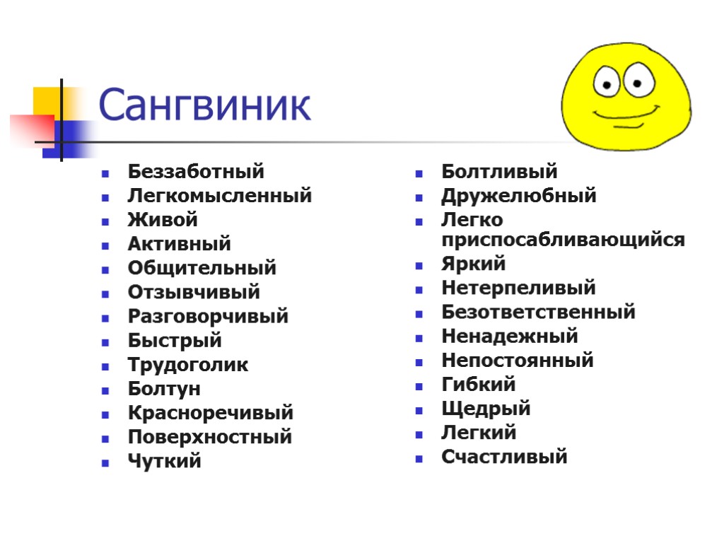 Сангвиник Беззаботный Легкомысленный Живой Активный Общительный Отзывчивый Разговорчивый Быстрый Трудоголик Болтун Красноречивый Поверхностный Чуткий